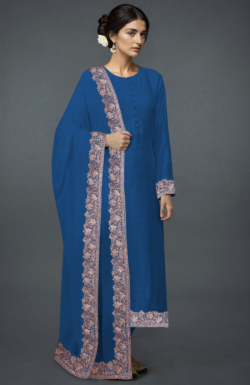 Imperial Blue Kashmiri Tilla Embroidered Suit