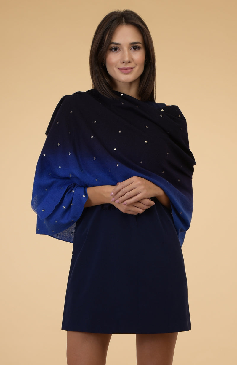 Blue Ombre Pure Cashmere Sequin Hand Embroidered Stole