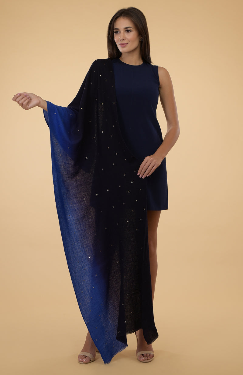 Blue Ombre Pure Cashmere Sequin Hand Embroidered Stole