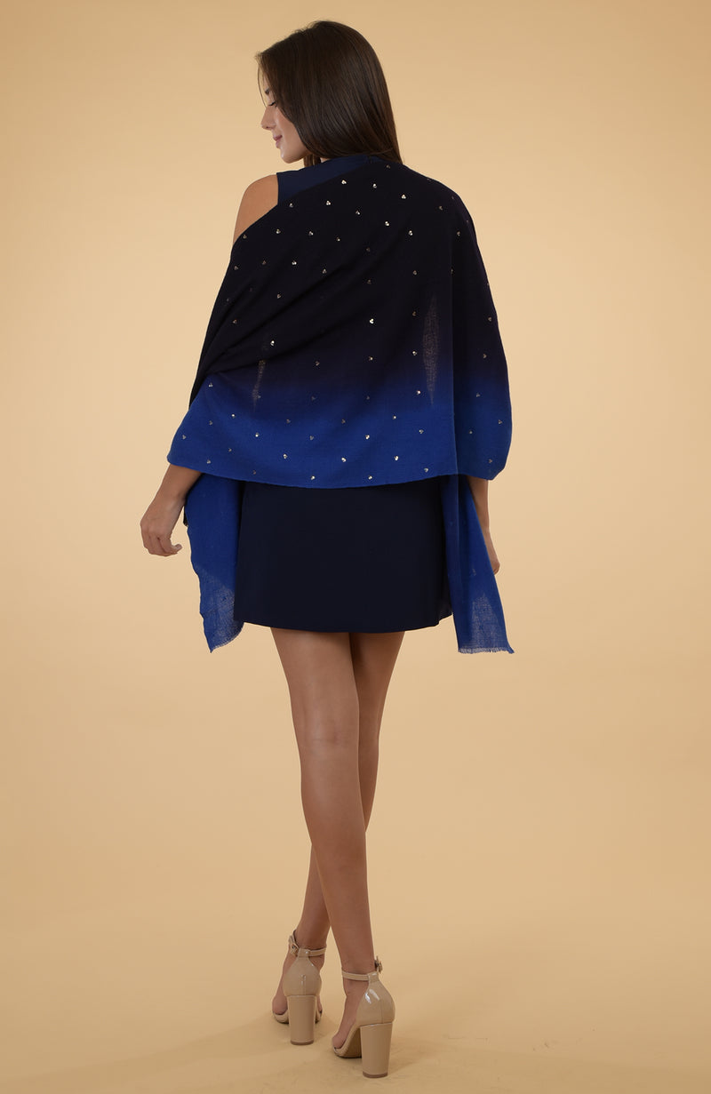 Blue Ombre Pure Cashmere Sequin Hand Embroidered Stole