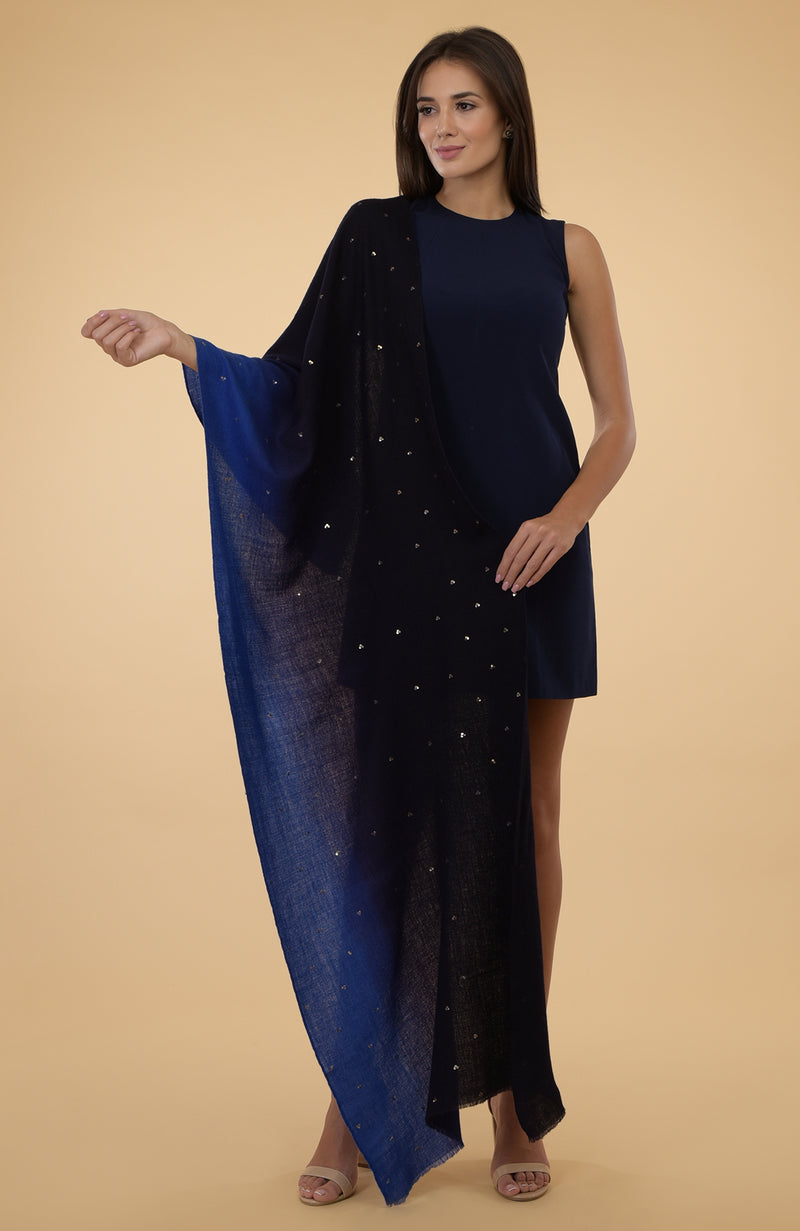 Blue Ombre Pure Cashmere Sequin Hand Embroidered Stole