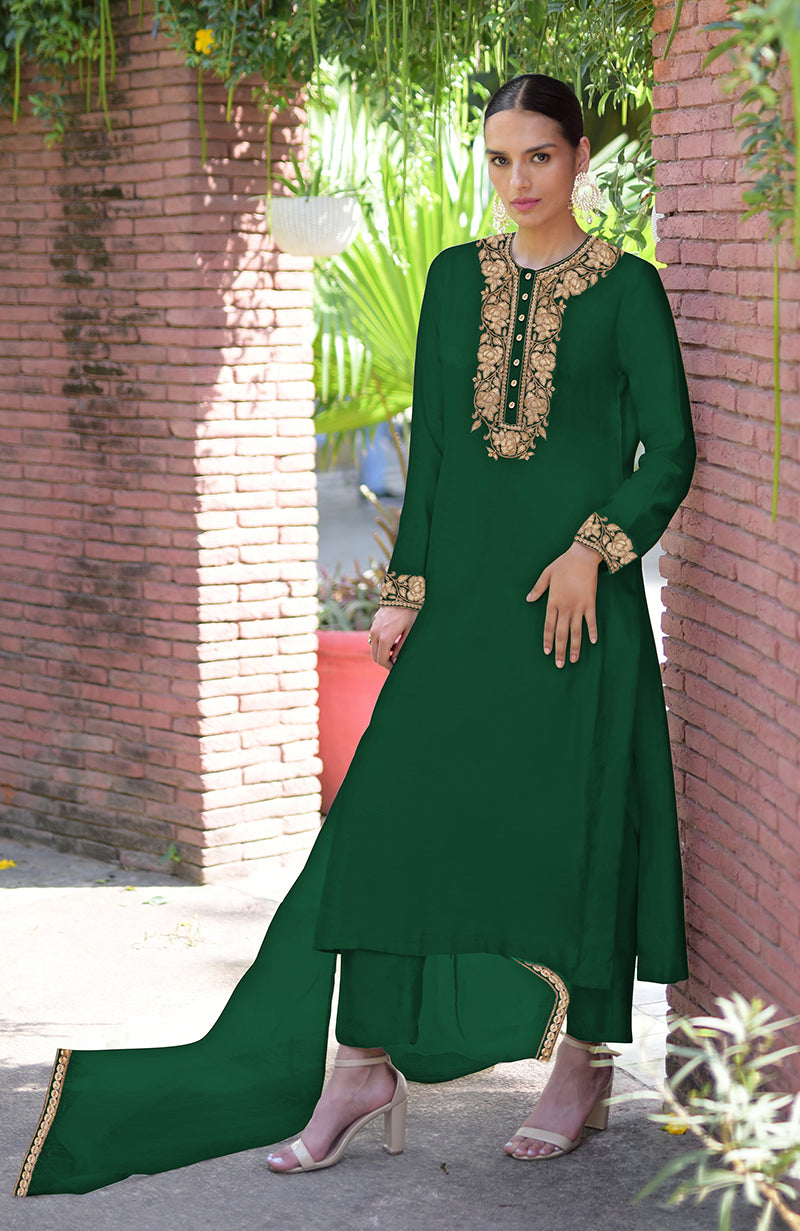 Emerald Green Kashmiri Tilla Embroidered Kurta Set