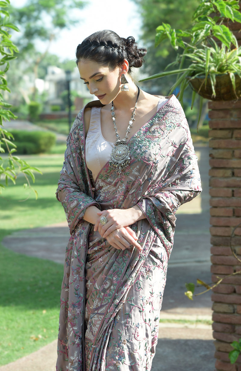 Masterpiece Pale Pink Parsi Gara Hand Embroidered Saree