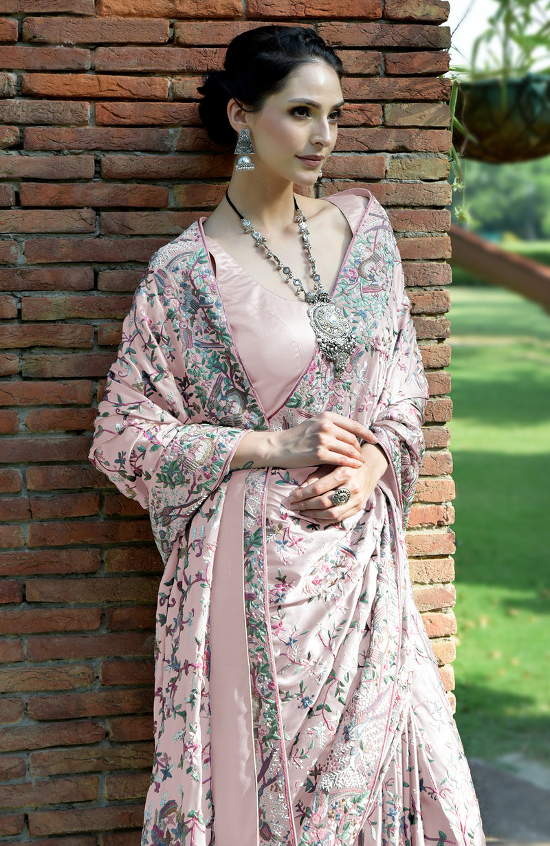 Masterpiece Pale Pink Parsi Gara Hand Embroidered Saree
