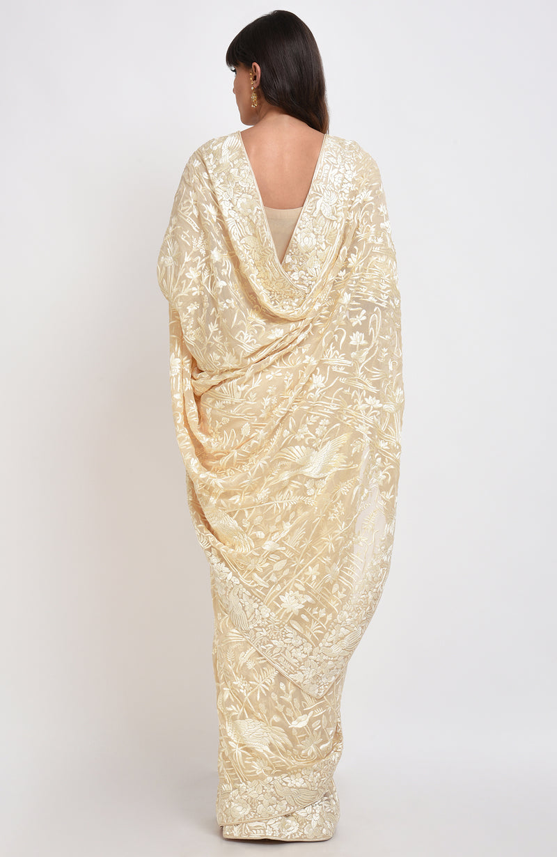 Masterpiece Fawn Parsi Gara Hand Embroidered Saree