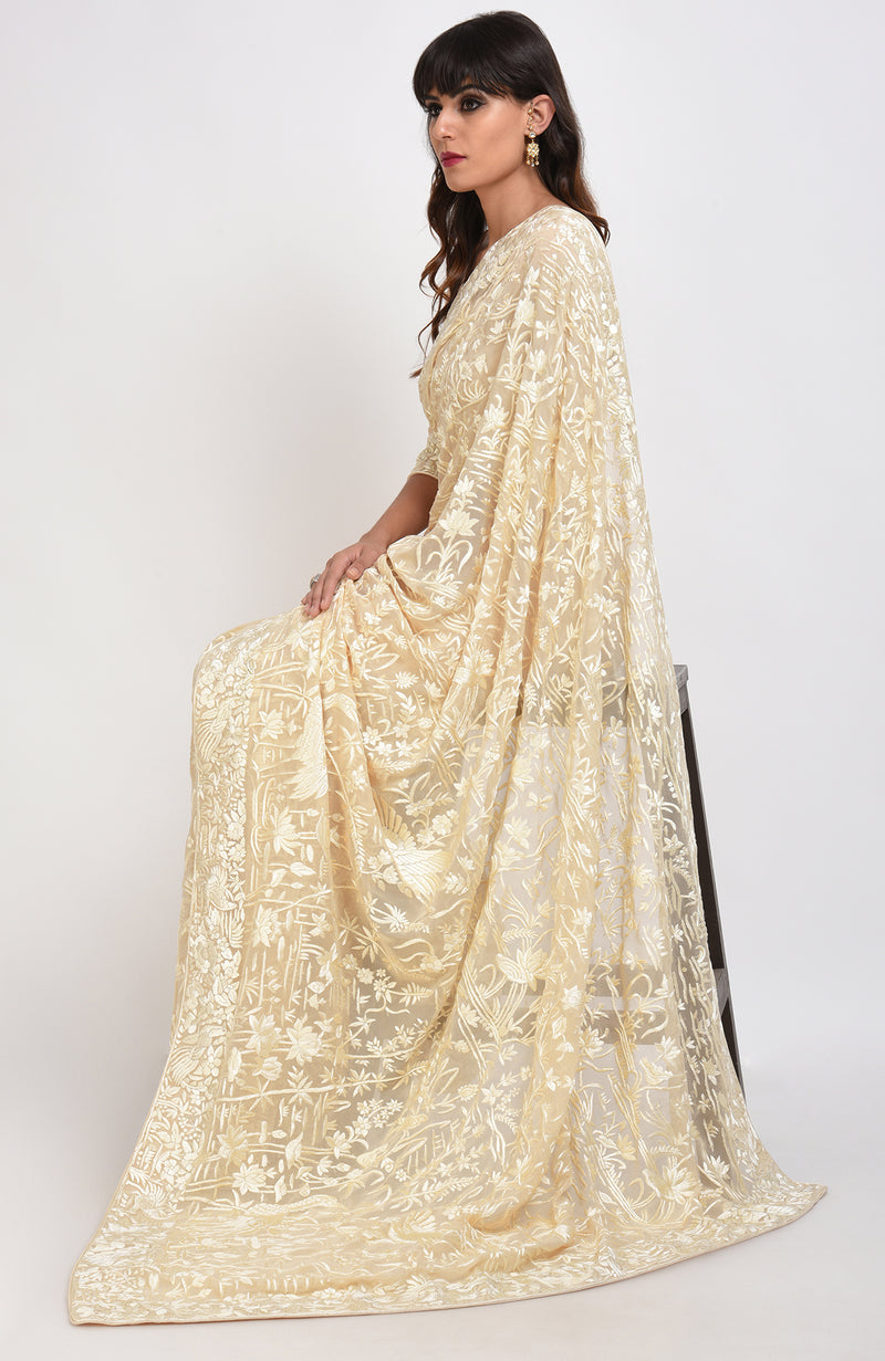 Masterpiece Fawn Parsi Gara Hand Embroidered Saree
