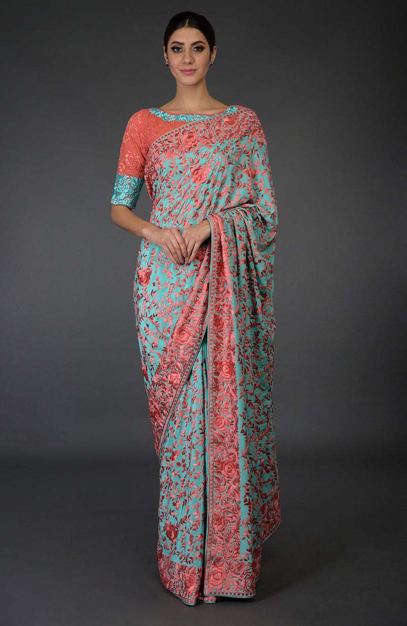 Masterpiece Aqua Parsi Gara Hand Embroidered Saree