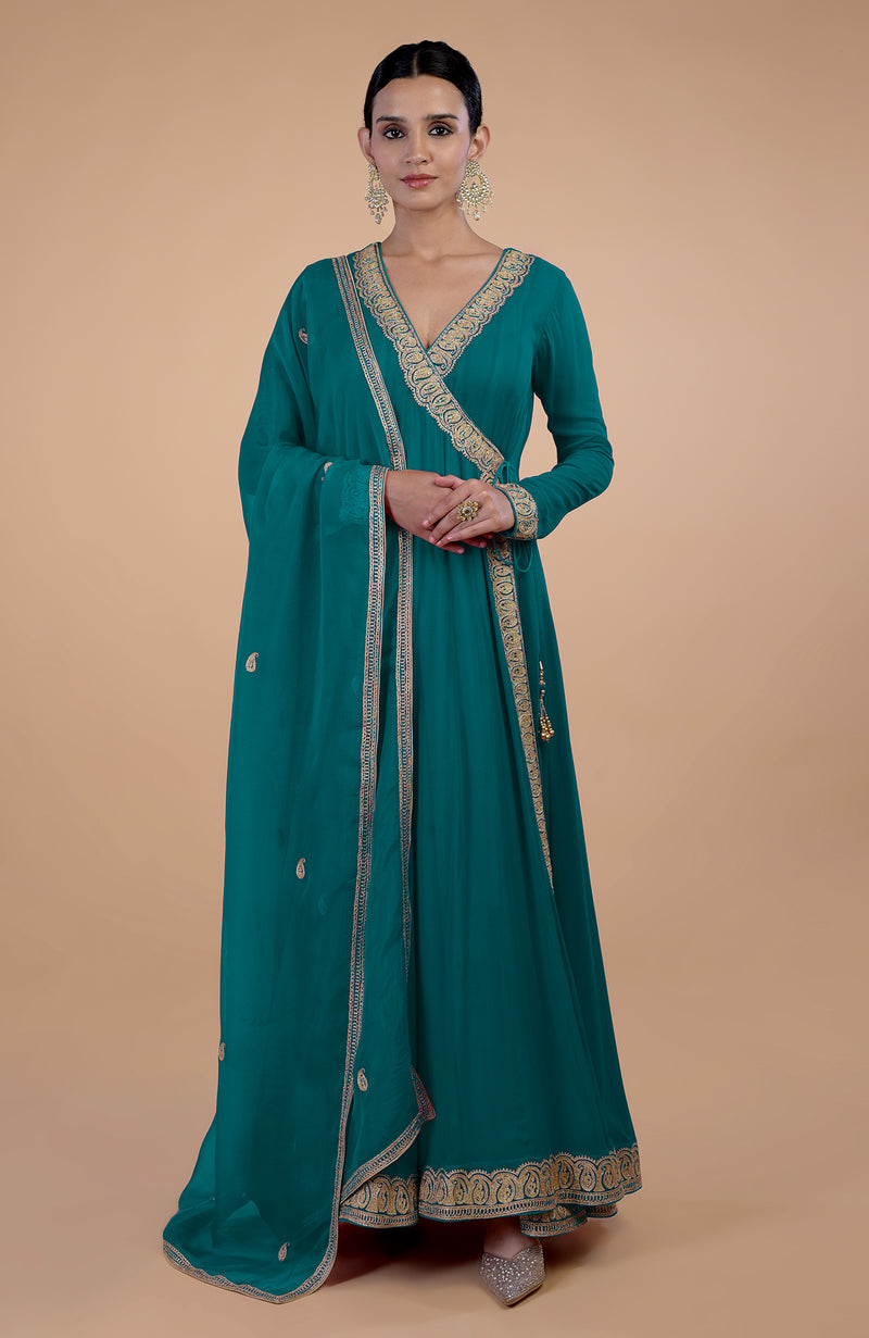 Iktara Teal Blue Kashmiri Tilla Paisley Embroidered Angrakha Anarkali Set