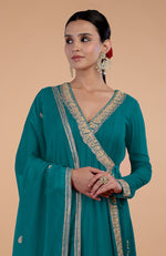 Iktara Teal Blue Kashmiri Tilla Paisley Embroidered Angrakha Anarkali Set