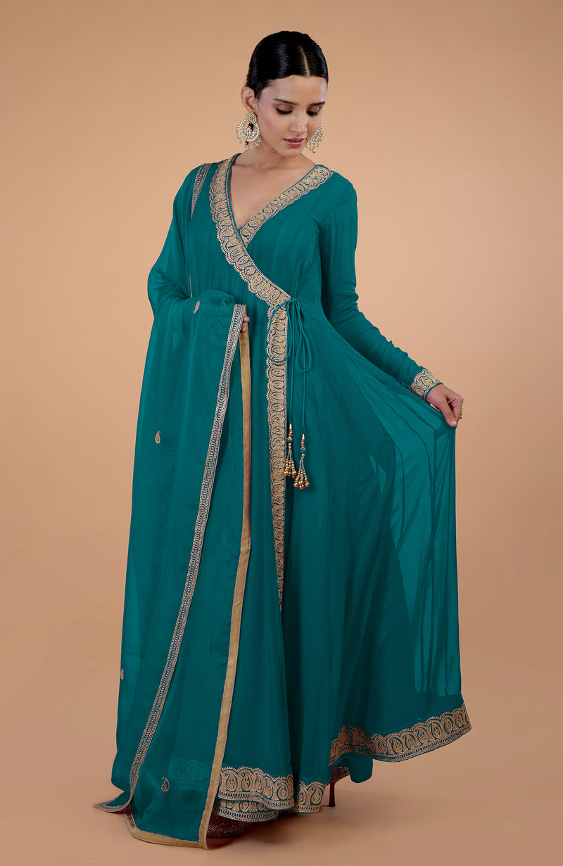 Iktara Teal Blue Kashmiri Tilla Paisley Embroidered Angrakha Anarkali Set