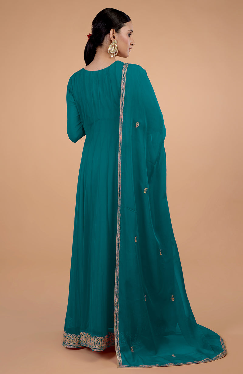 Iktara Teal Blue Kashmiri Tilla Paisley Embroidered Angrakha Anarkali Set