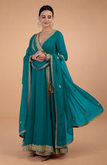Iktara Teal Blue Kashmiri Tilla Paisley Embroidered Angrakha Anarkali Set