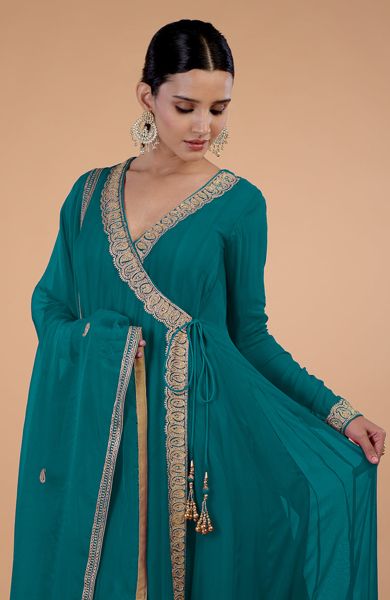 Iktara Teal Blue Kashmiri Tilla Paisley Embroidered Angrakha Anarkali Set