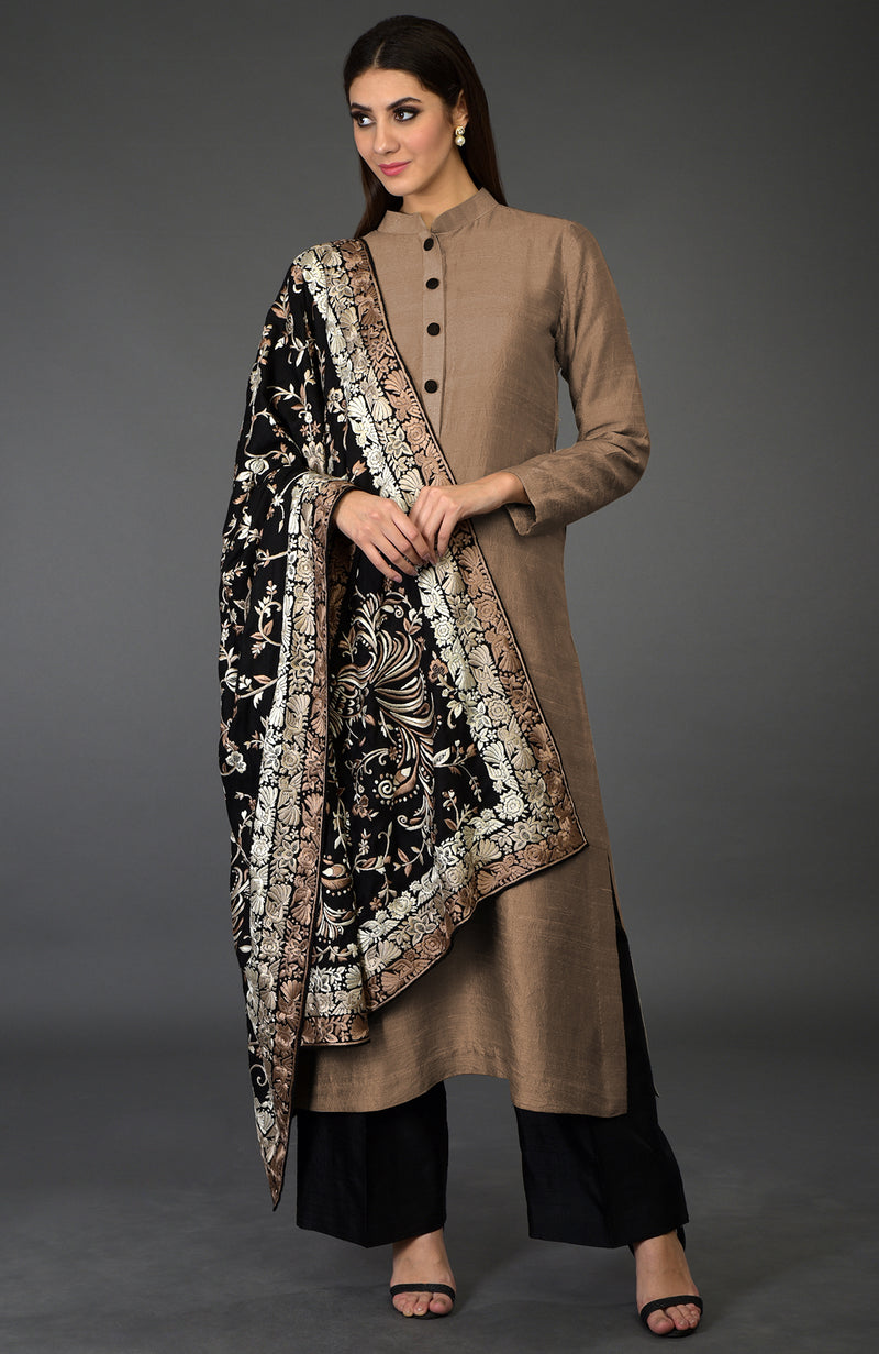 Black-Beige Parsi Gara Pure Pashmina Shawl