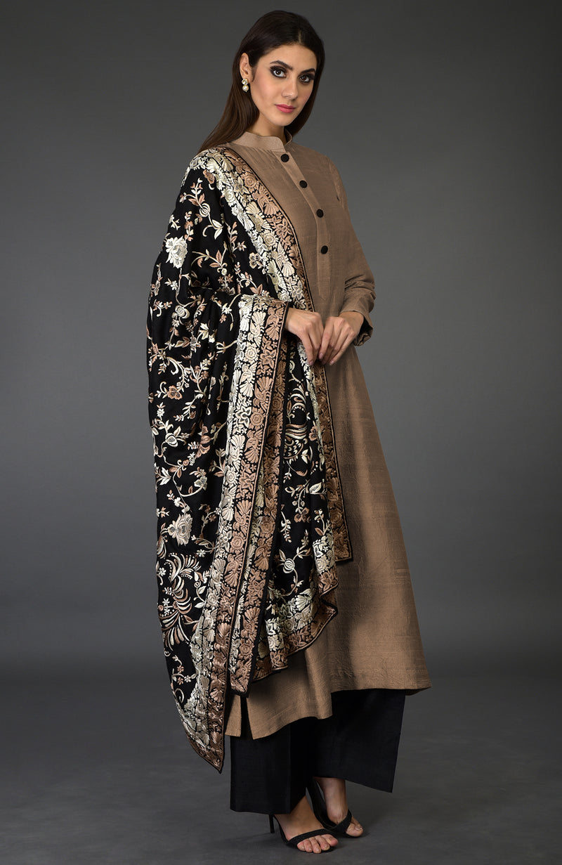 Black-Beige Parsi Gara Pure Pashmina Shawl