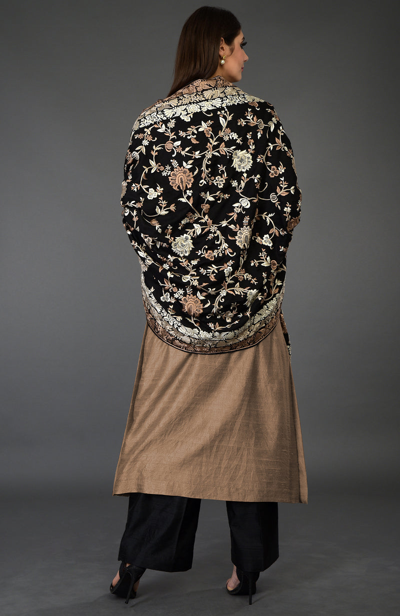 Black-Beige Parsi Gara Pure Pashmina Shawl