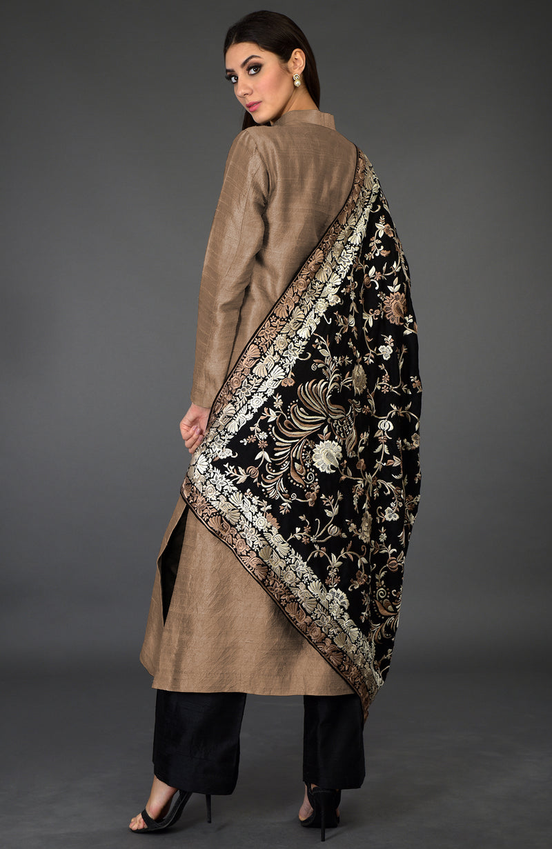Black-Beige Parsi Gara Pure Pashmina Shawl