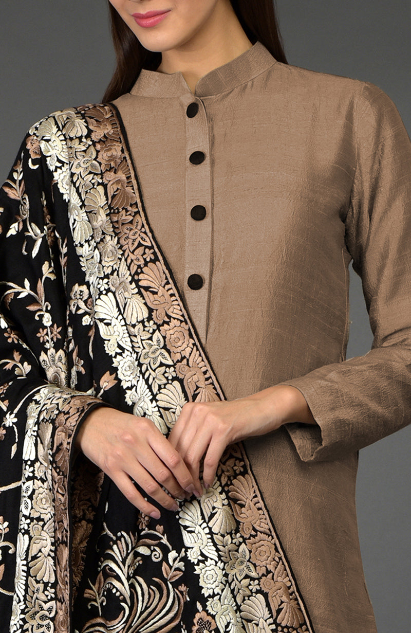 Black-Beige Parsi Gara Pure Pashmina Shawl