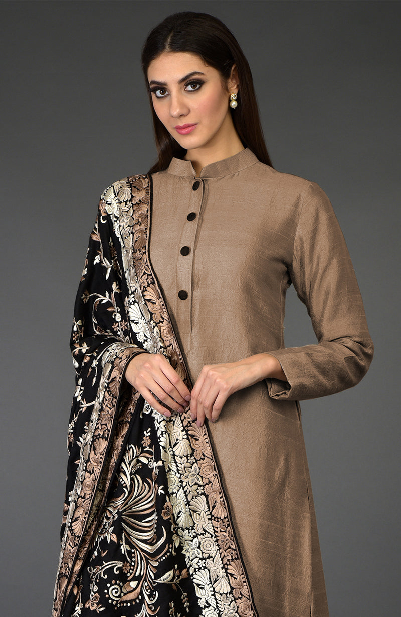 Black-Beige Parsi Gara Pure Pashmina Shawl