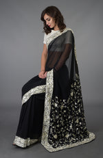Black- Ivory Parsi Gara Hand Embroidered Saree