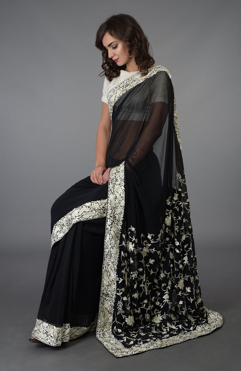 Black- Ivory Parsi Gara Hand Embroidered Saree