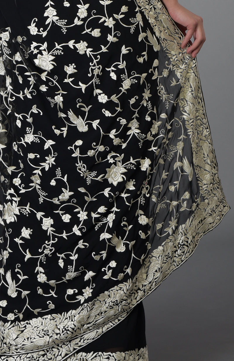 Black- Ivory Parsi Gara Hand Embroidered Saree