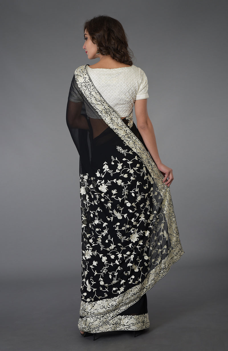 Black- Ivory Parsi Gara Hand Embroidered Saree