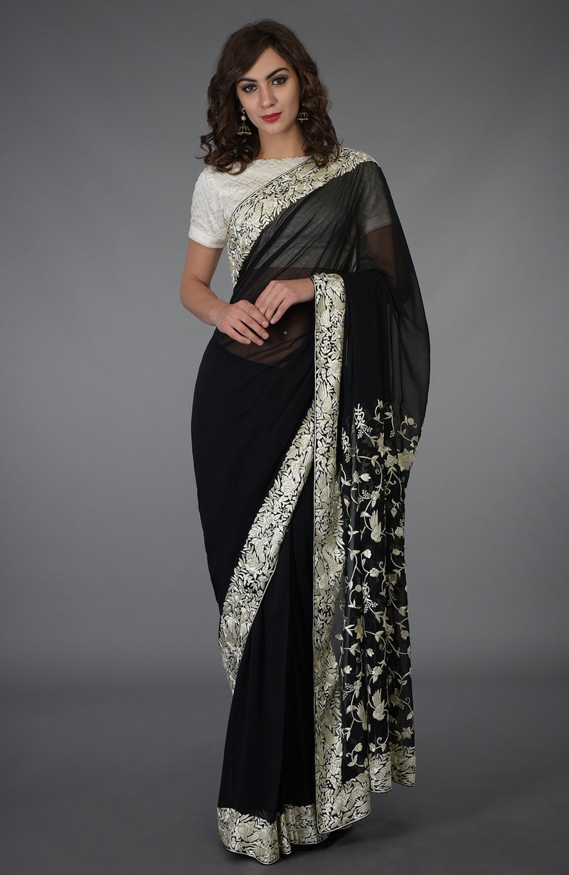 Black- Ivory Parsi Gara Hand Embroidered Saree
