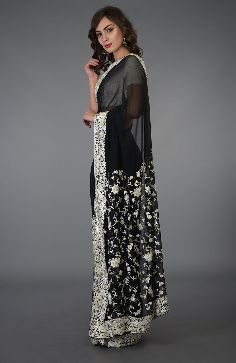 Black- Ivory Parsi Gara Hand Embroidered Saree