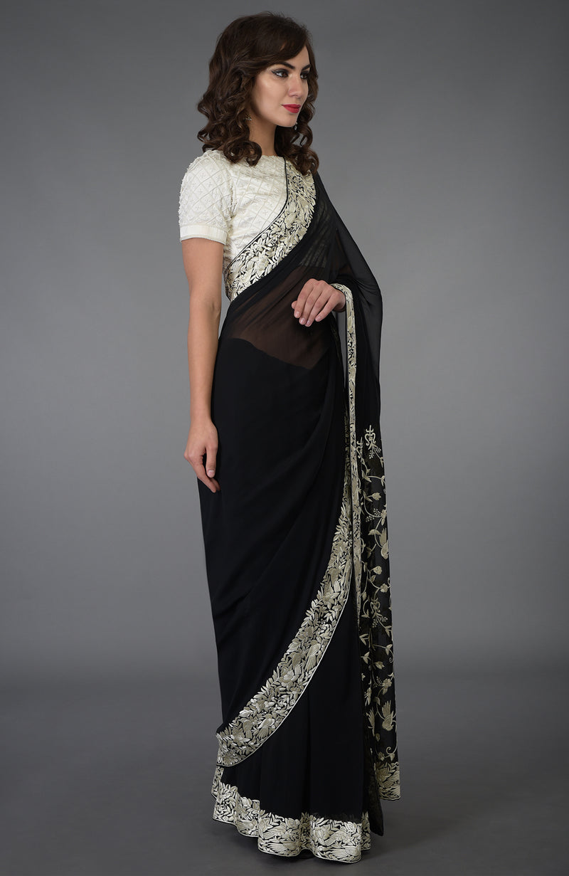 Black- Ivory Parsi Gara Hand Embroidered Saree