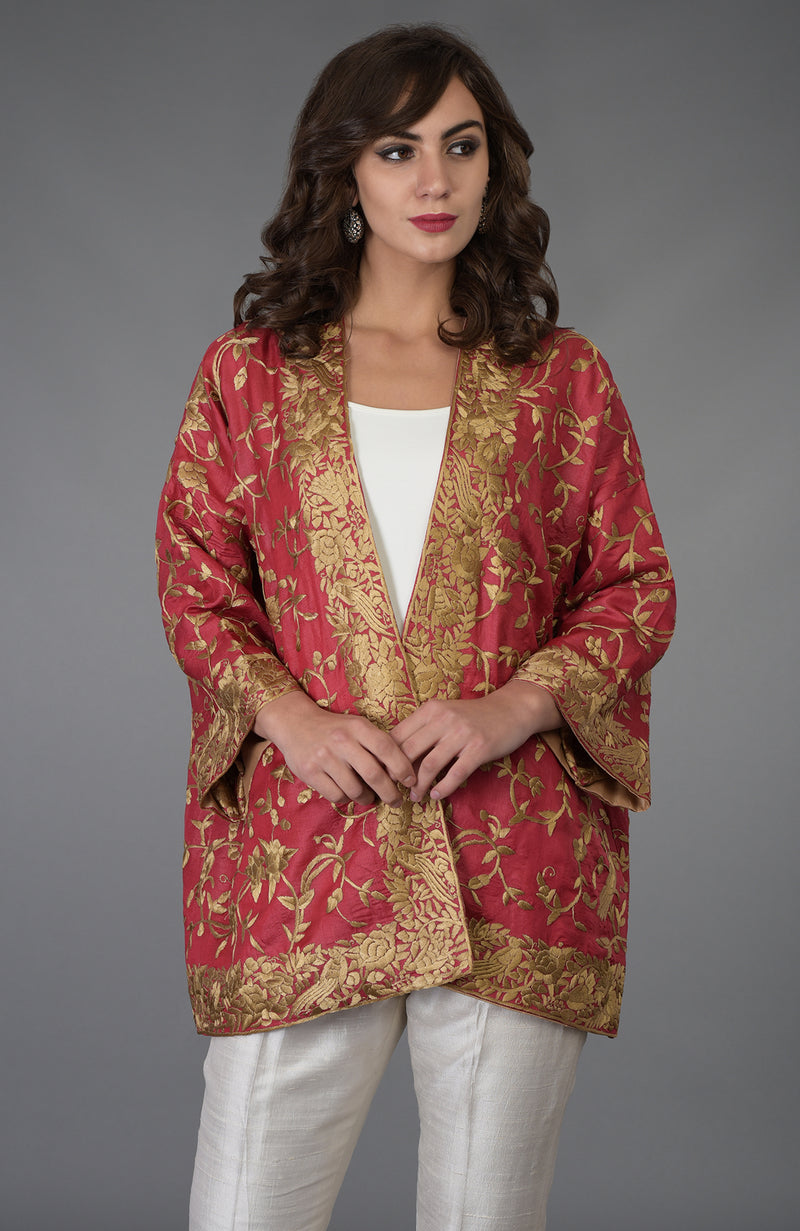 Maroon Parsi Gara Embroidered Kimono Jacket