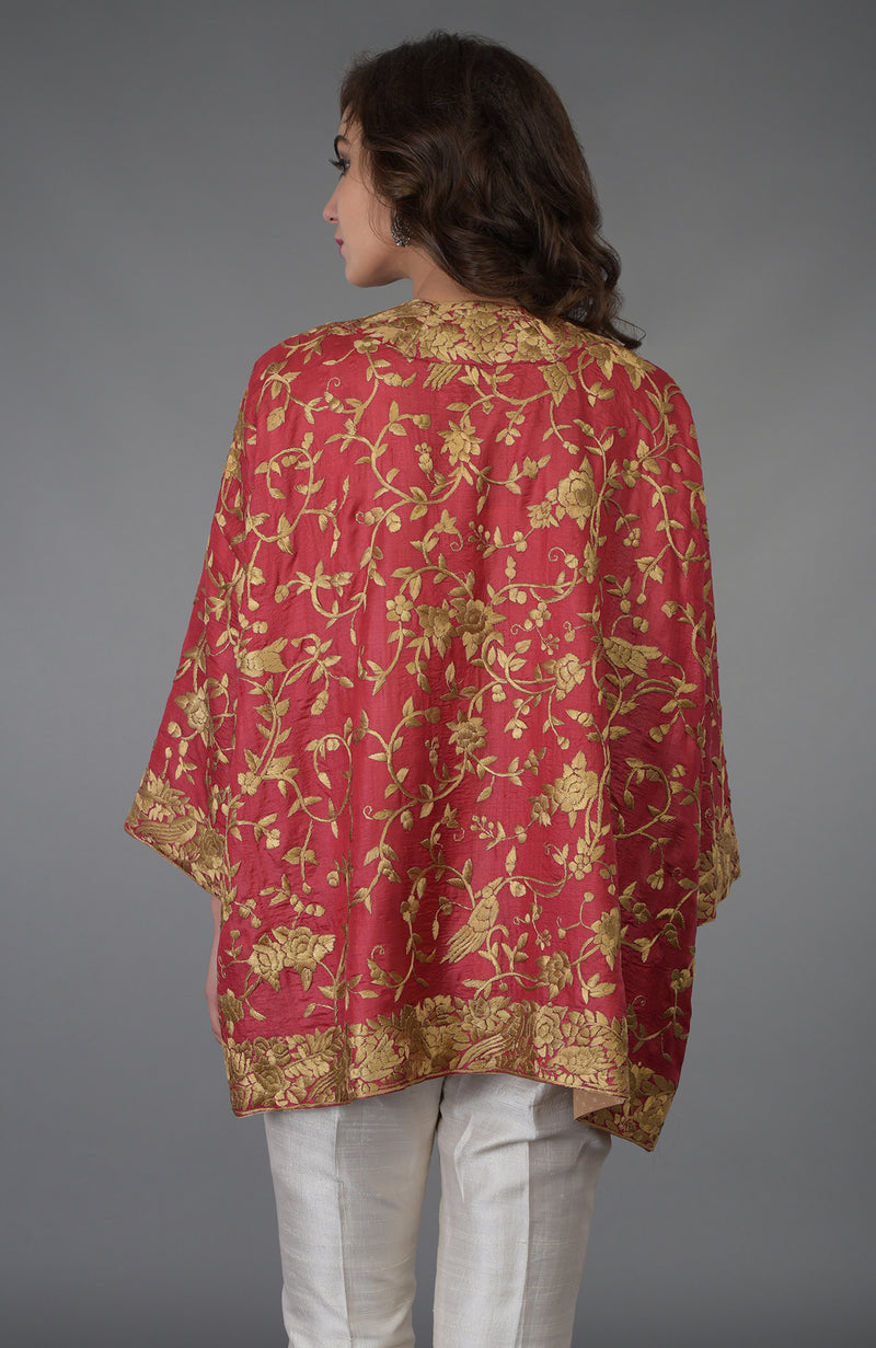 Maroon Parsi Gara Embroidered Kimono Jacket