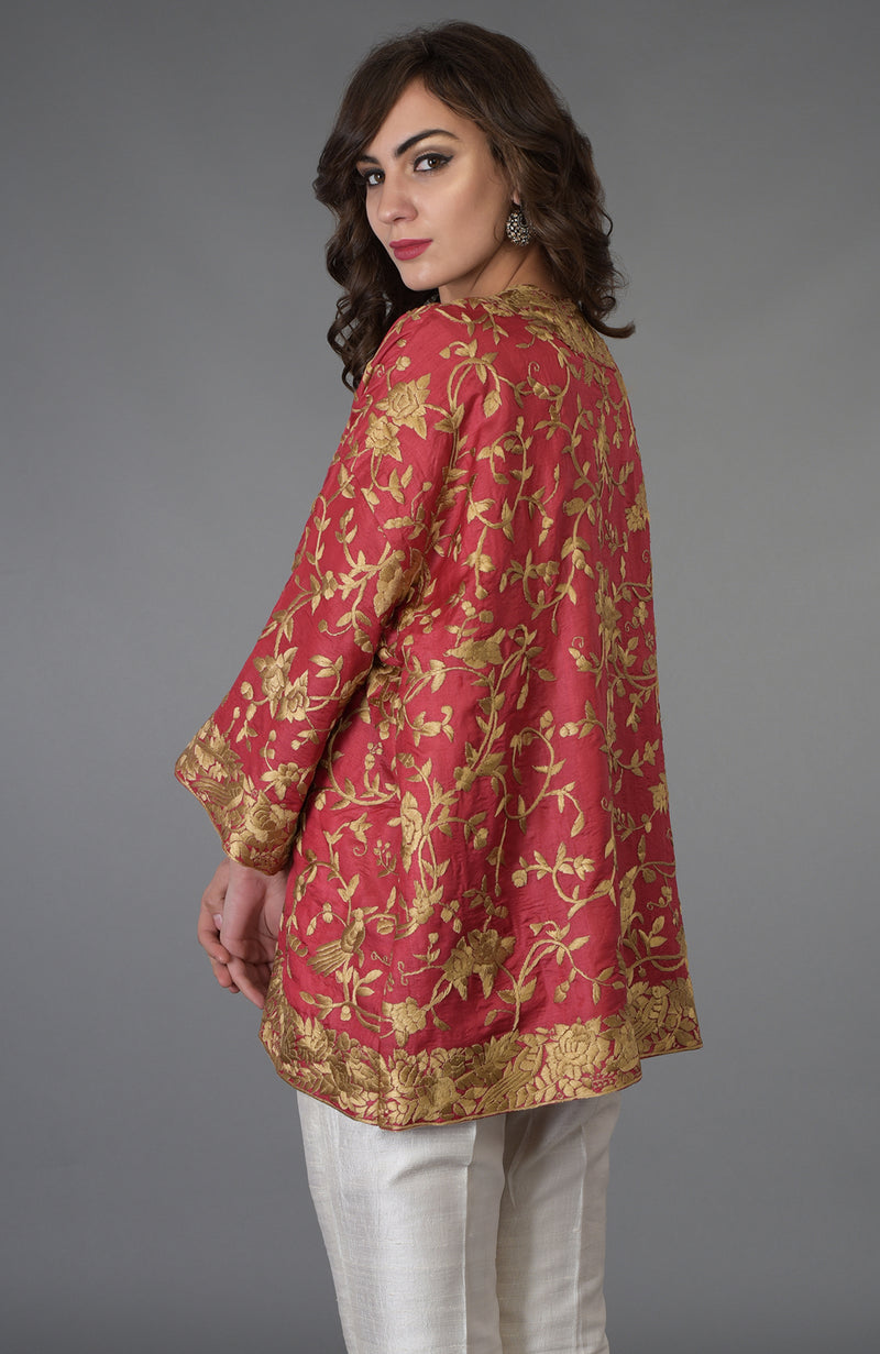 Maroon Parsi Gara Embroidered Kimono Jacket