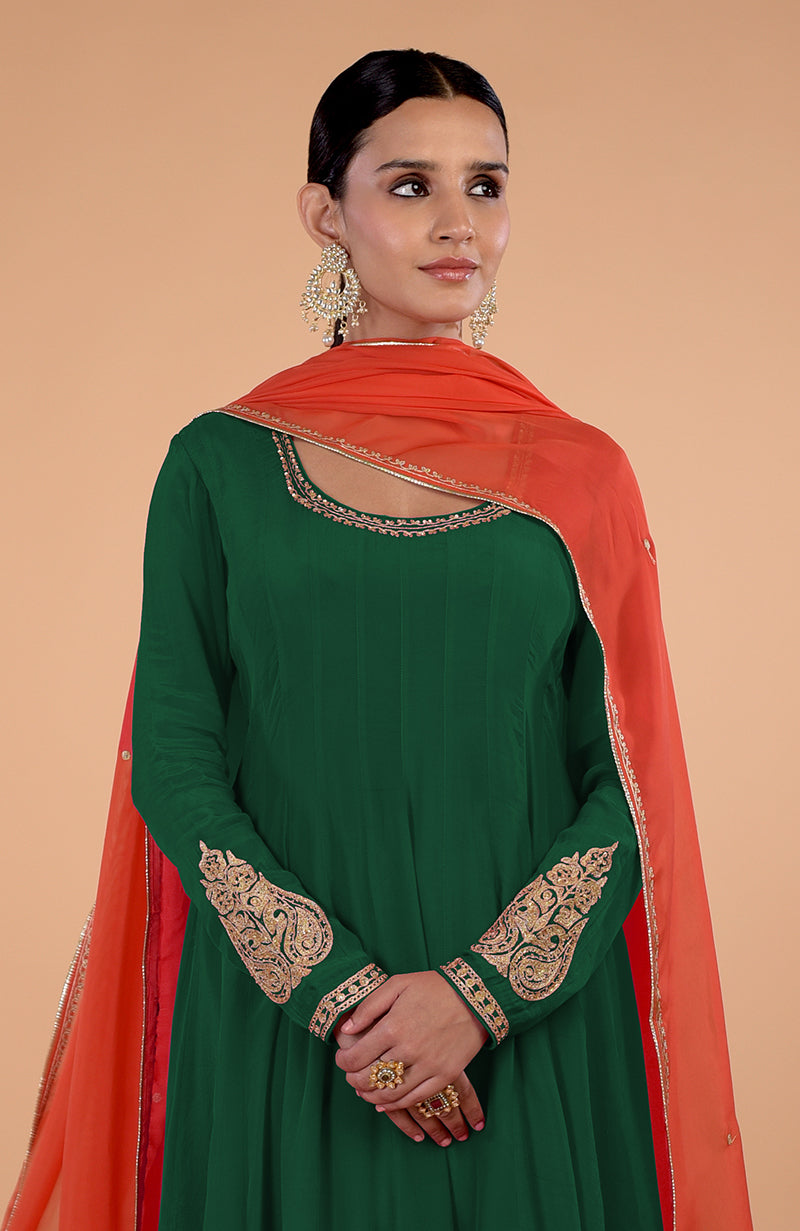 Iktara  Bottle Green-Orange Kashmiri Tilla Embroidered Anarkali Set