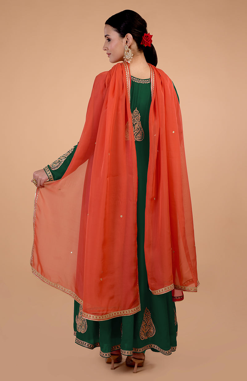 Iktara  Bottle Green-Orange Kashmiri Tilla Embroidered Anarkali Set