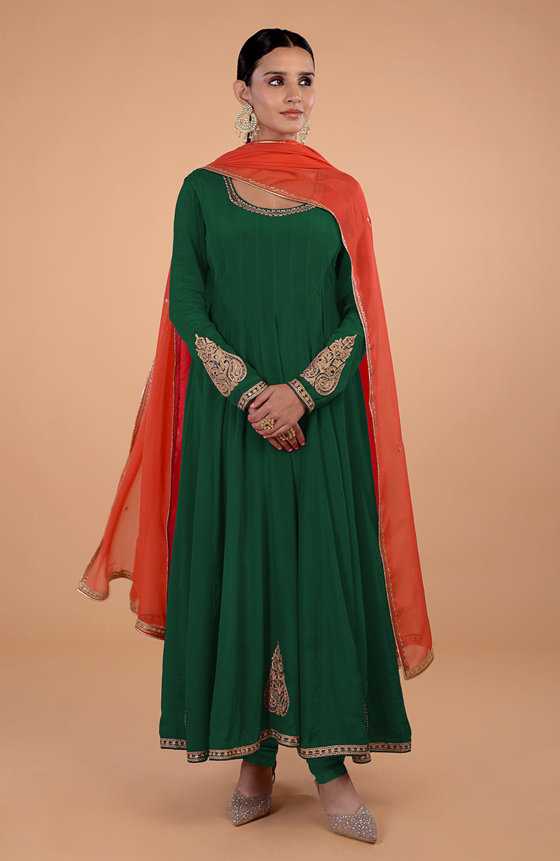 Iktara  Bottle Green-Orange Kashmiri Tilla Embroidered Anarkali Set