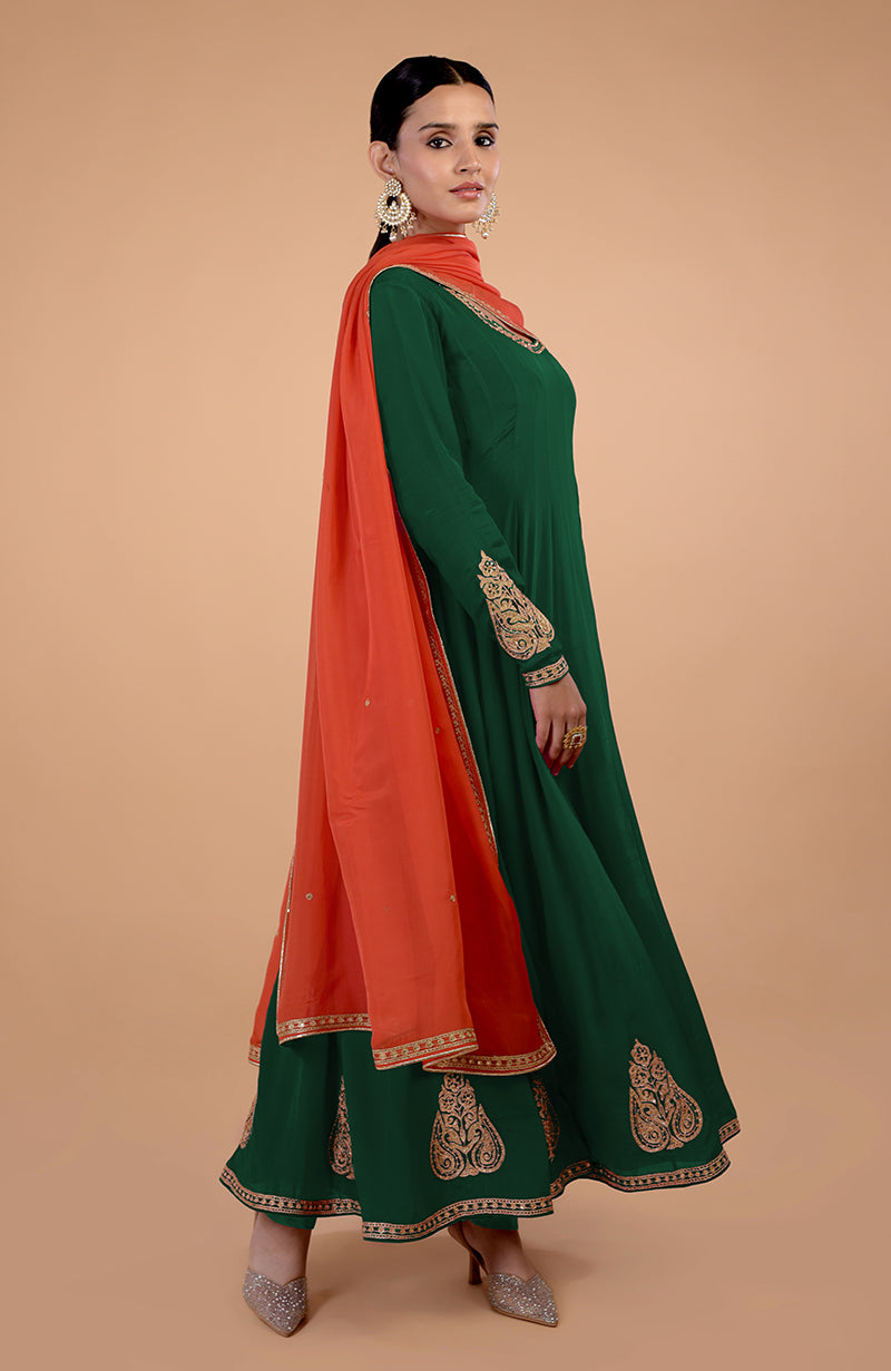 Iktara  Bottle Green-Orange Kashmiri Tilla Embroidered Anarkali Set