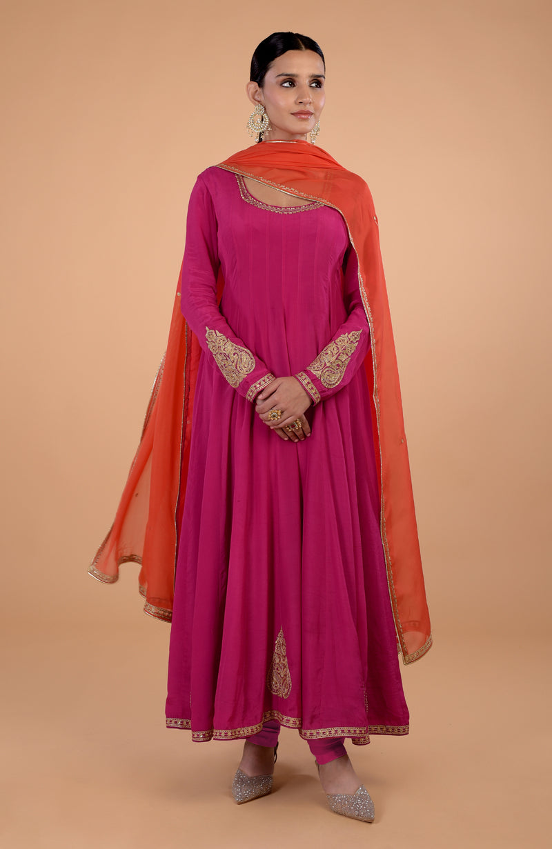 Iktara  Bottle Green-Orange Kashmiri Tilla Embroidered Anarkali Set