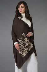 Brown Floral Embroidered Pure Pashmina Stole