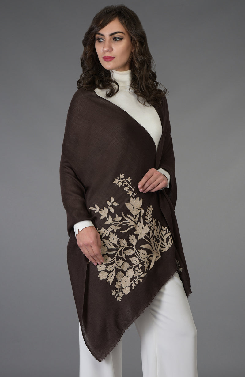 Brown Floral Embroidered Pure Pashmina Stole