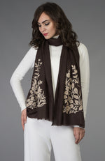 Brown Floral Embroidered Pure Pashmina Stole
