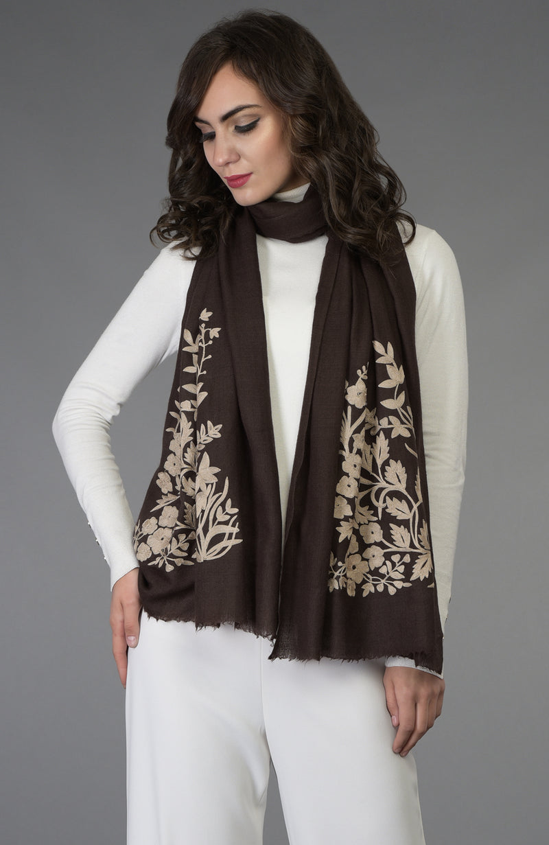 Brown Floral Embroidered Pure Pashmina Stole
