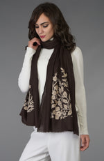 Brown Floral Embroidered Pure Pashmina Stole