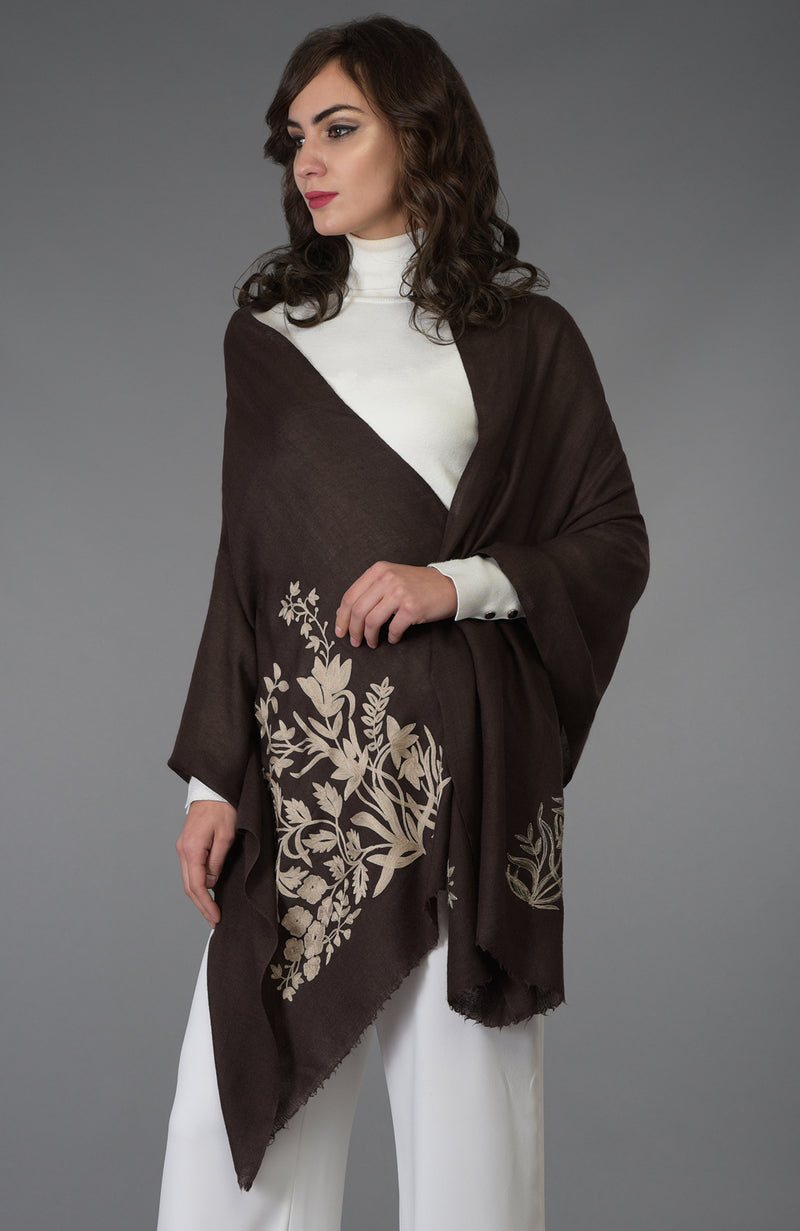 Brown Floral Embroidered Pure Pashmina Stole