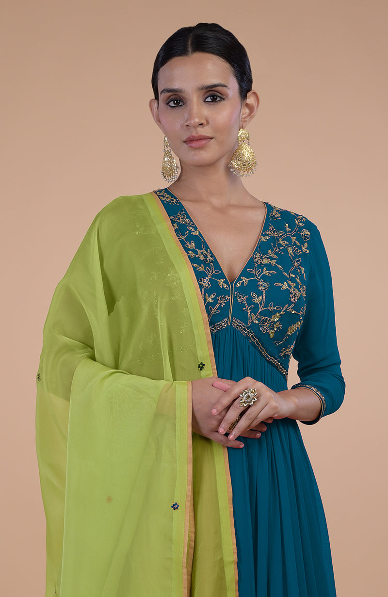 Iktara Peacock Blue - Green Zardozi Embroidered Anarkali Set