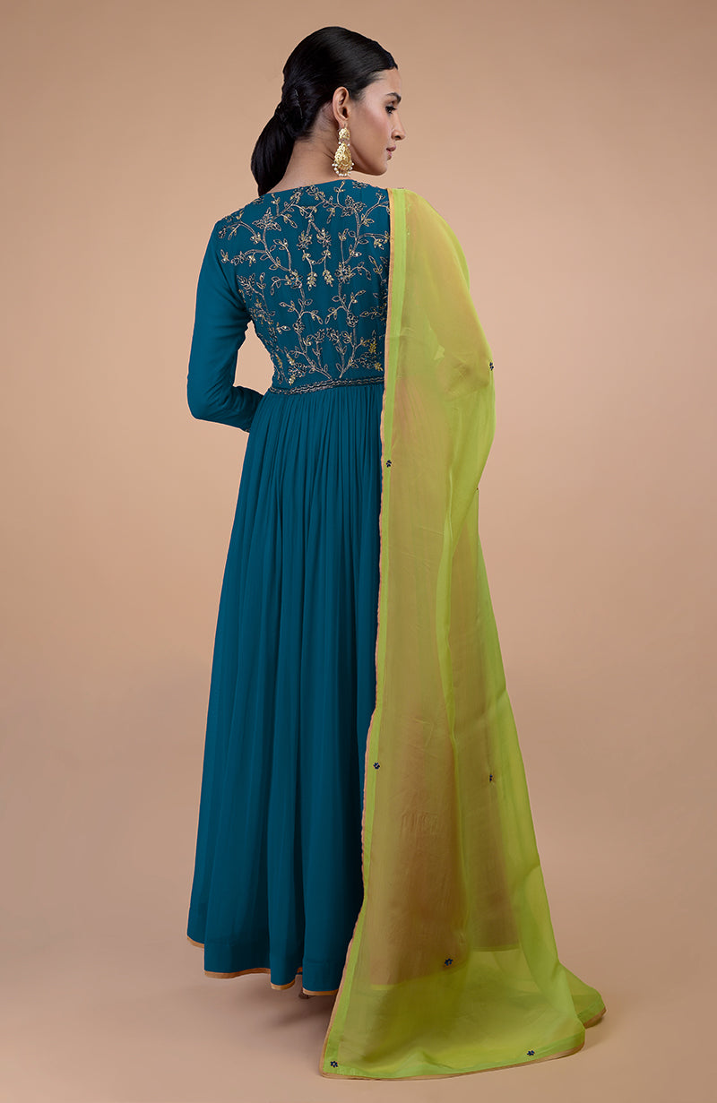Iktara Peacock Blue - Green Zardozi Embroidered Anarkali Set