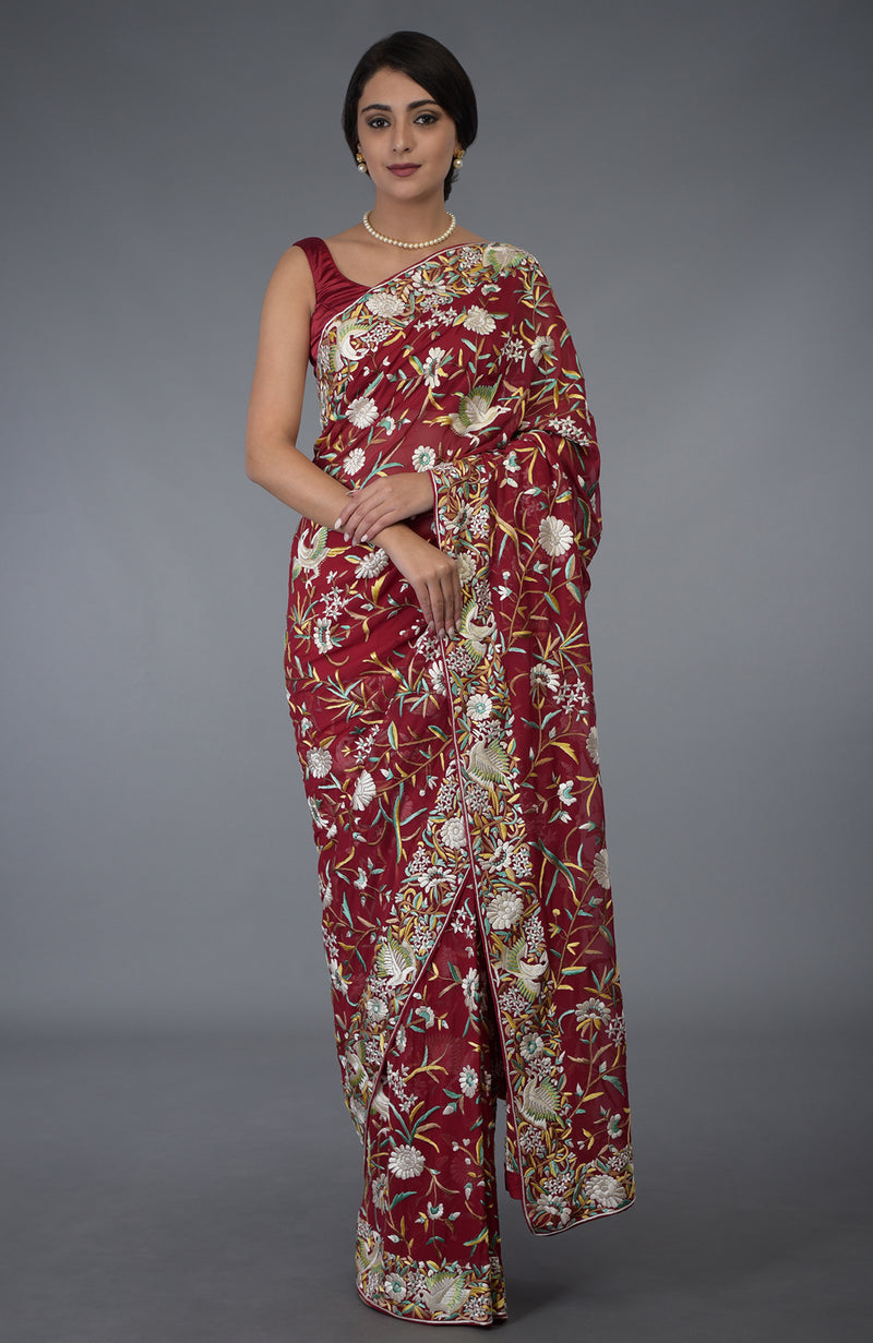 Pre-Order Masterpiece Red Parsi Gara Hand Embroidered Saree