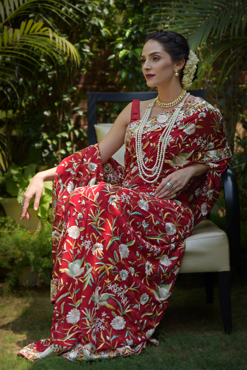 Pre-Order Masterpiece Marsala Parsi Gara Hand Embroidered Saree