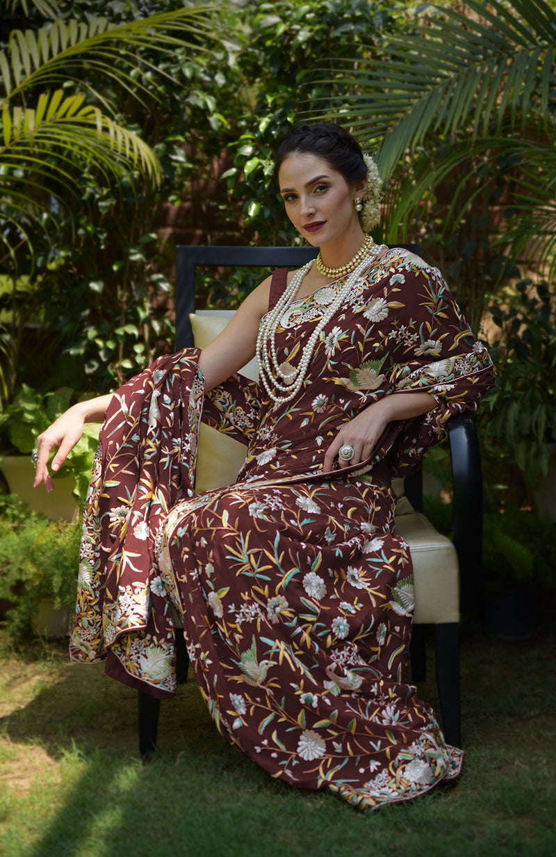 Pre-Order Masterpiece Marsala Parsi Gara Hand Embroidered Saree