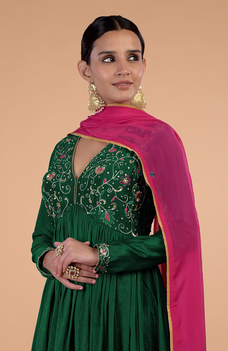 Iktara Bottle Green-Pink Zardozi Embroidered Anarkali Set